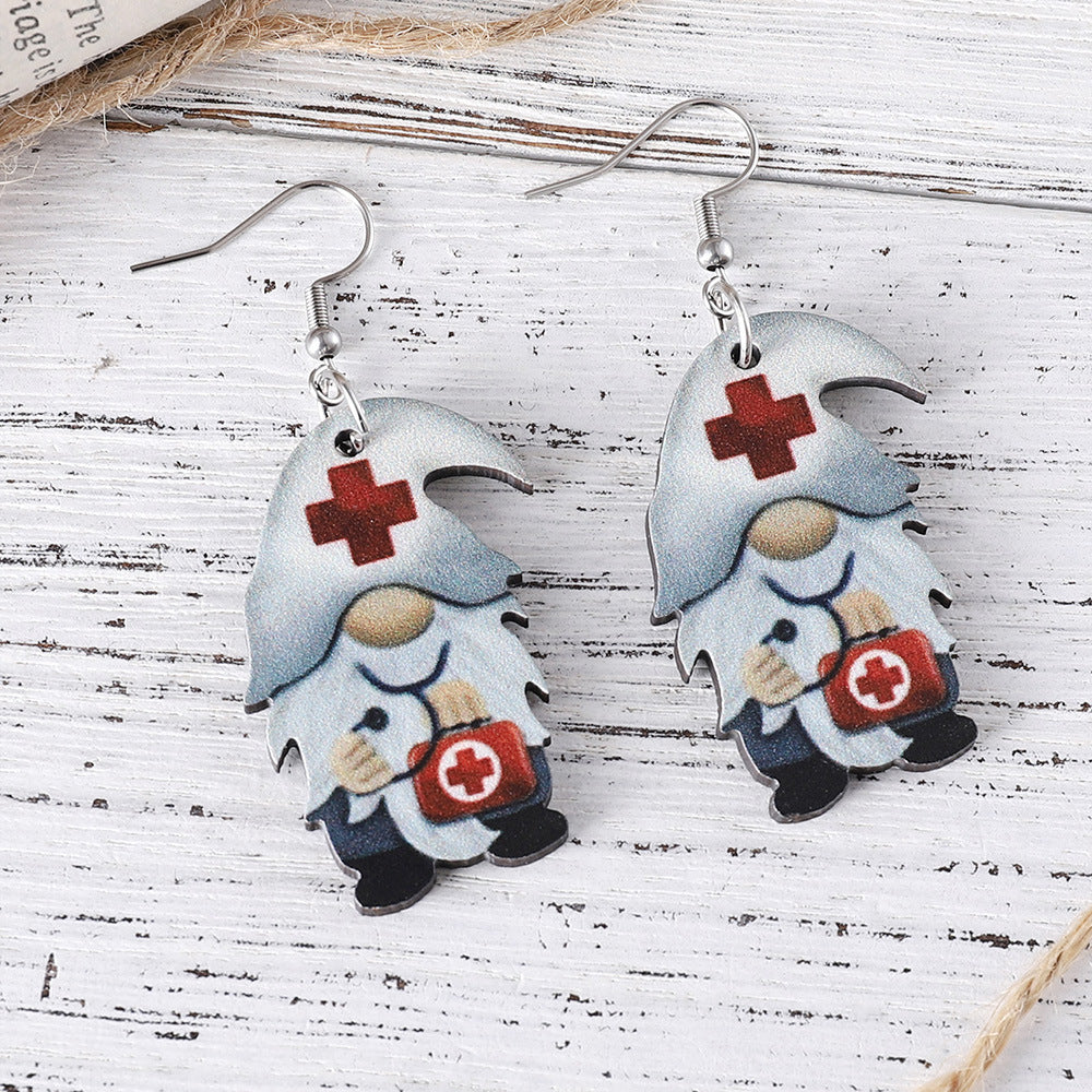 Wholesale Nurses'  Day Gnome Dangle Earrings — Cute Double-Sided Wooden Jewelry