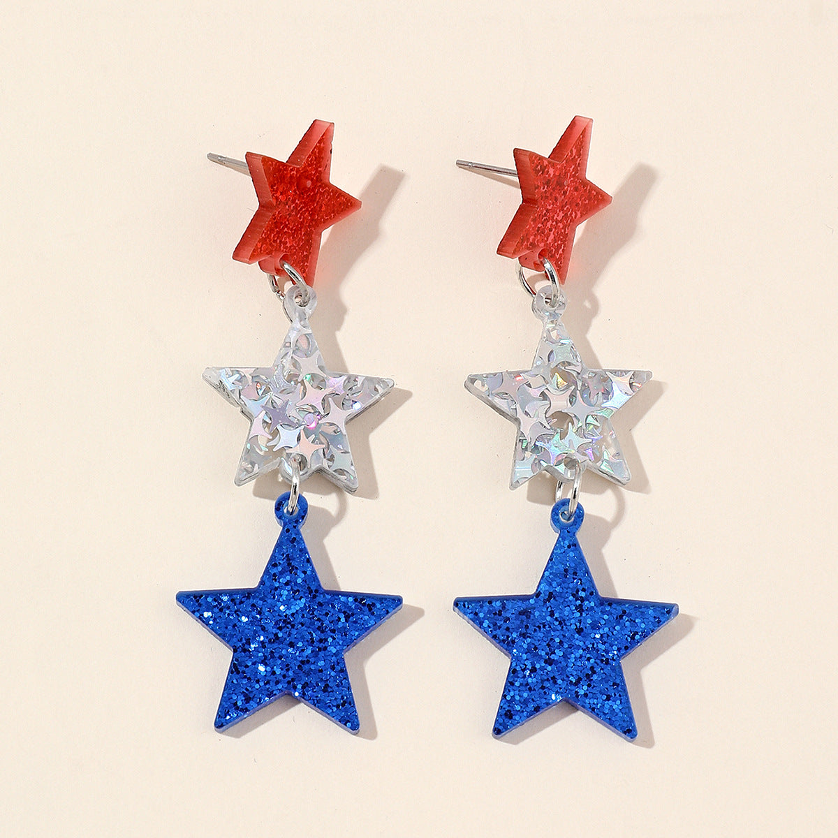 Wholesale Independence Day National Day Red, White and Blue Three-color Stars Love Glitter Acrylic  Earrings