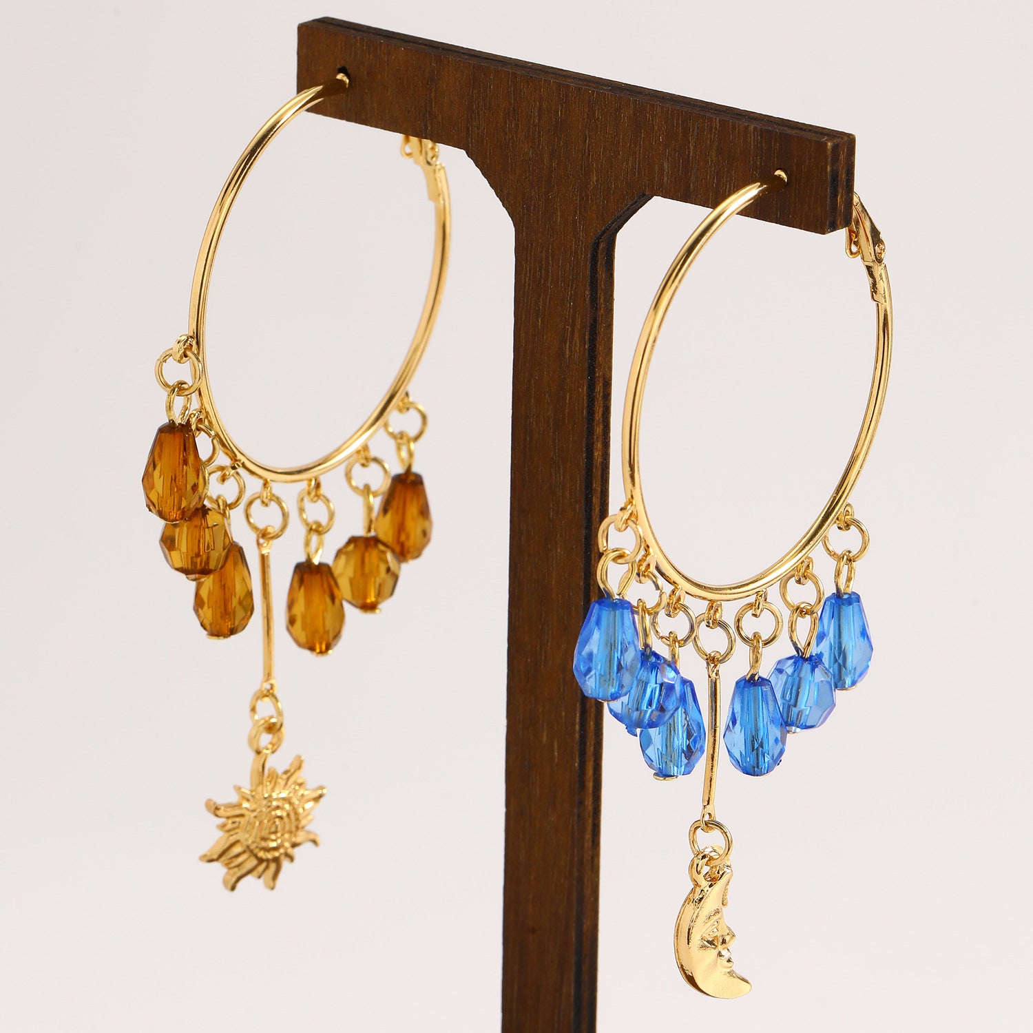 Wholesale Gold Plated Hoop Earrings Teardrop Crystal Tassel Sun Moon Design Ethnic Style Jewelry For Women