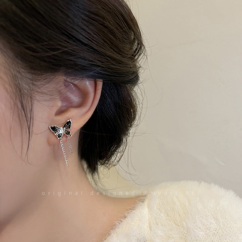 Wholesale black butterfly chain stud earrings