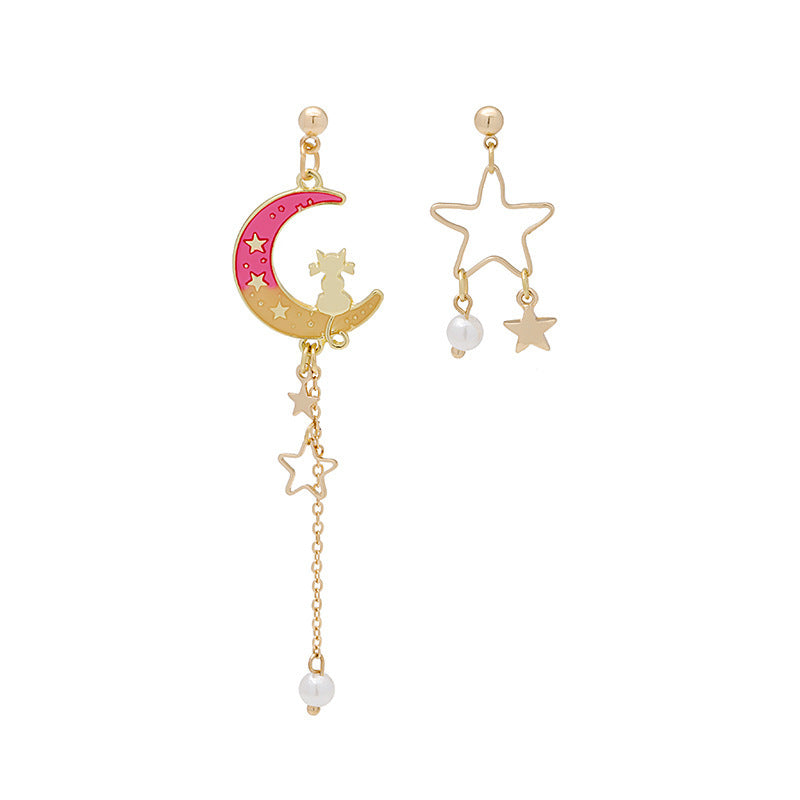 Wholesale Dripping Oil Gradient Asymmetric Cat Moon Star Long Tassel Earrings Fashion Jewelry Accessory Gift