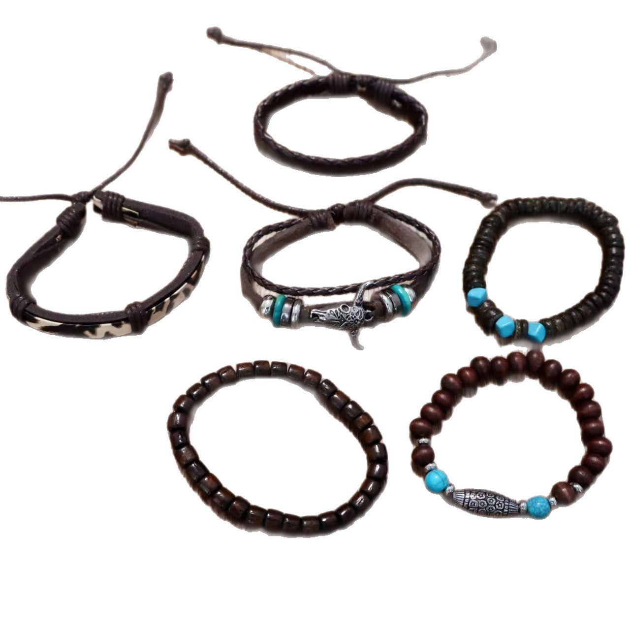 Wholesale Leather Bohemian style wooden bead vintage bull head six-piece bracelet set