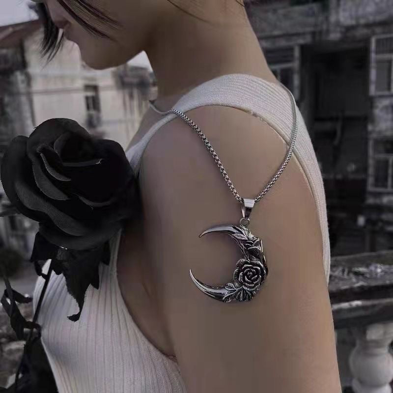 Wholesale Retro Gothic Rose Dark Moon Pendant Necklace,  Zinc Alloy Plated,  Fashion Accessory for Women