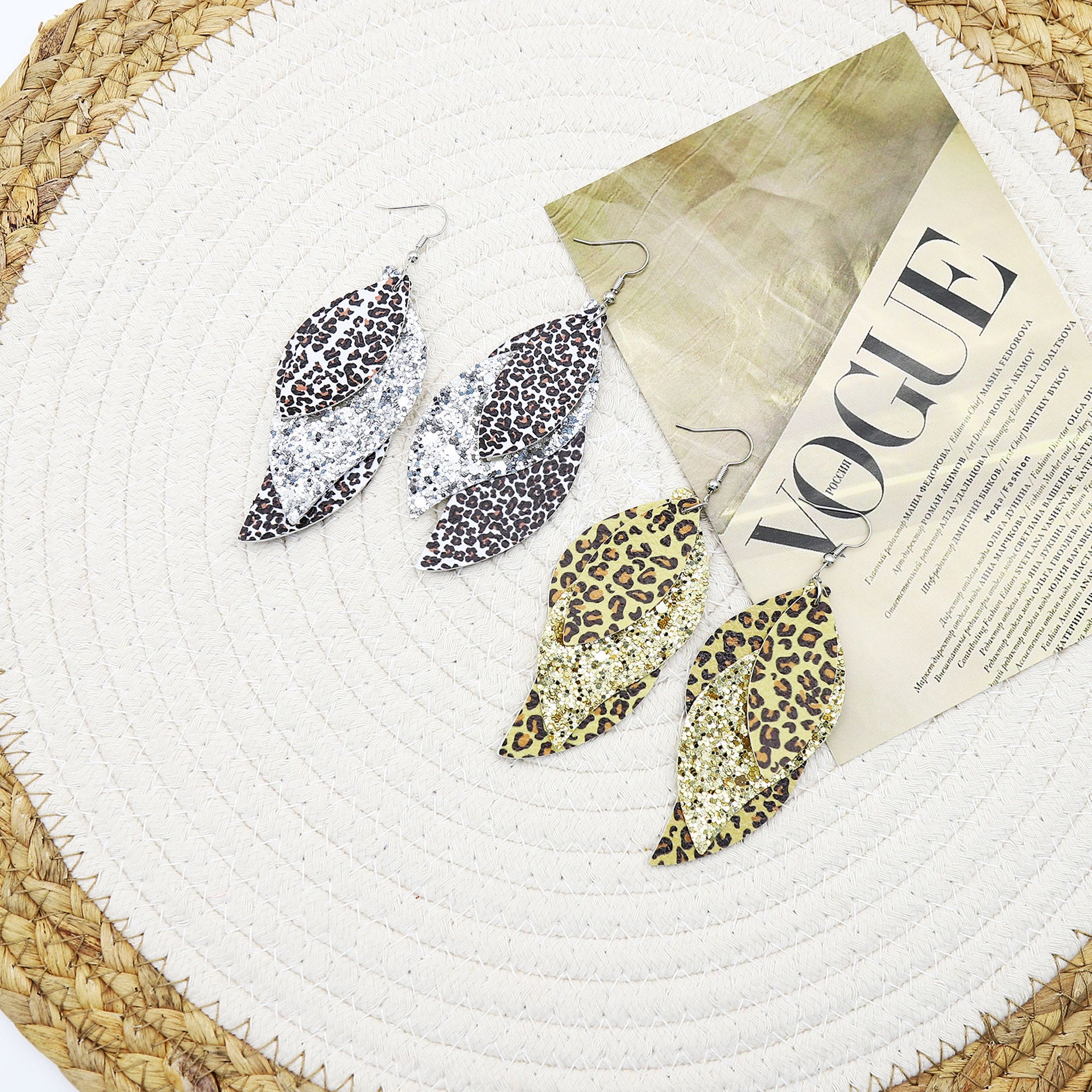 Wholesale  three-layer blade sequins leopard leather earrings