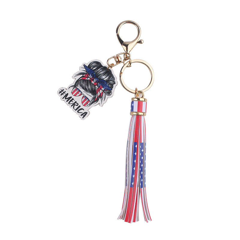 Wholesale American Independence Day Wooden Sign Tassel Keychain ACC-KC-GuangTian055