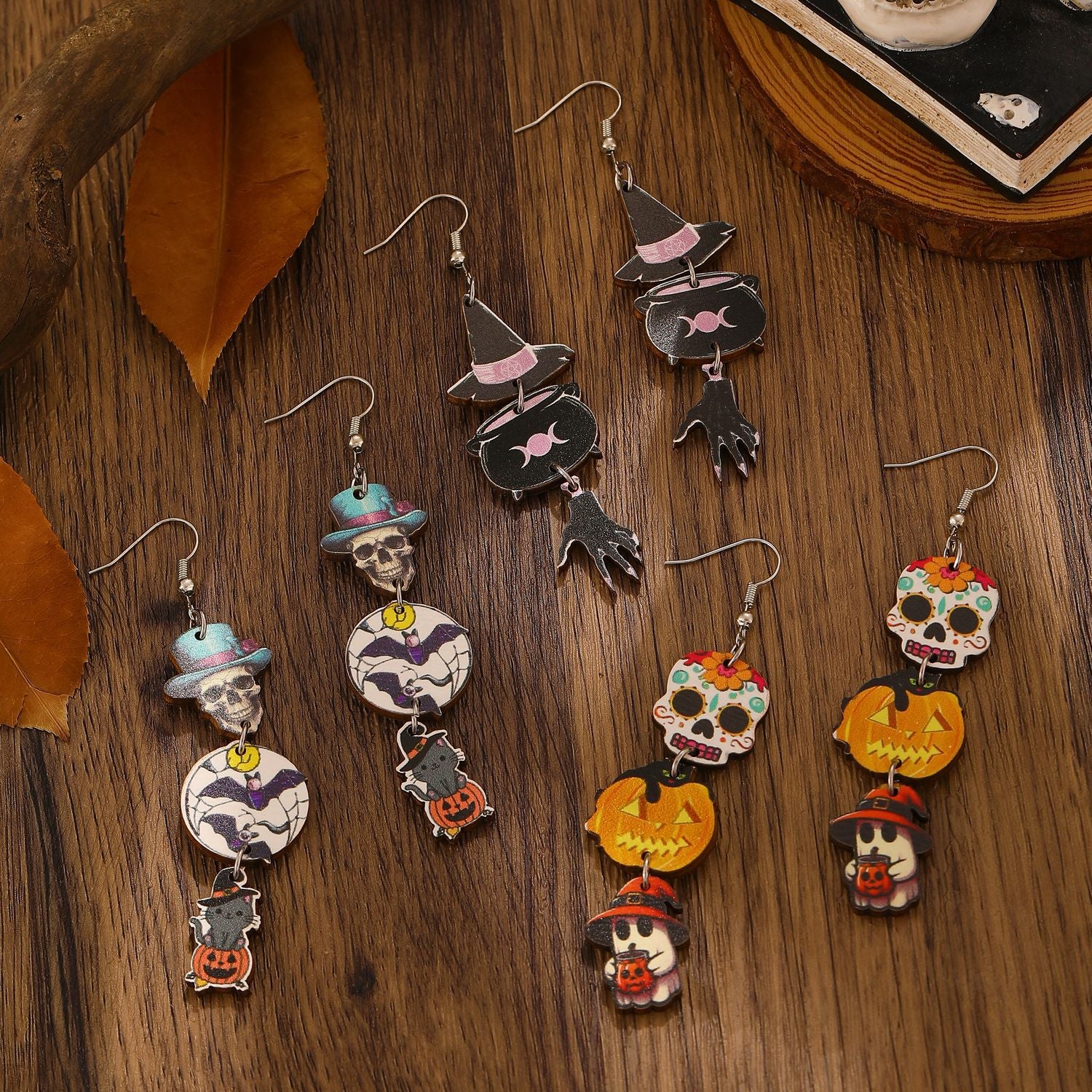 Wholesale  Pumpkin Skull Ghost Printed Wood Earrings Women' s Jewelry Accessory