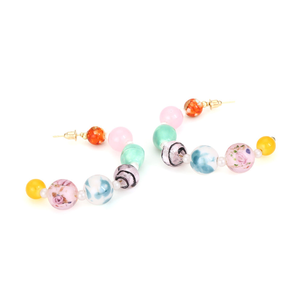 Wholesale Bohemian Beaded Candy Colored Glass Bead C-shaped Earrings