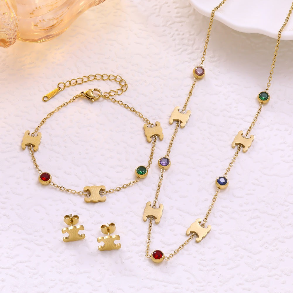 Wholesale French Retro Colorful Stone Arc de Triomphe Stainless Steel Jewelry Set