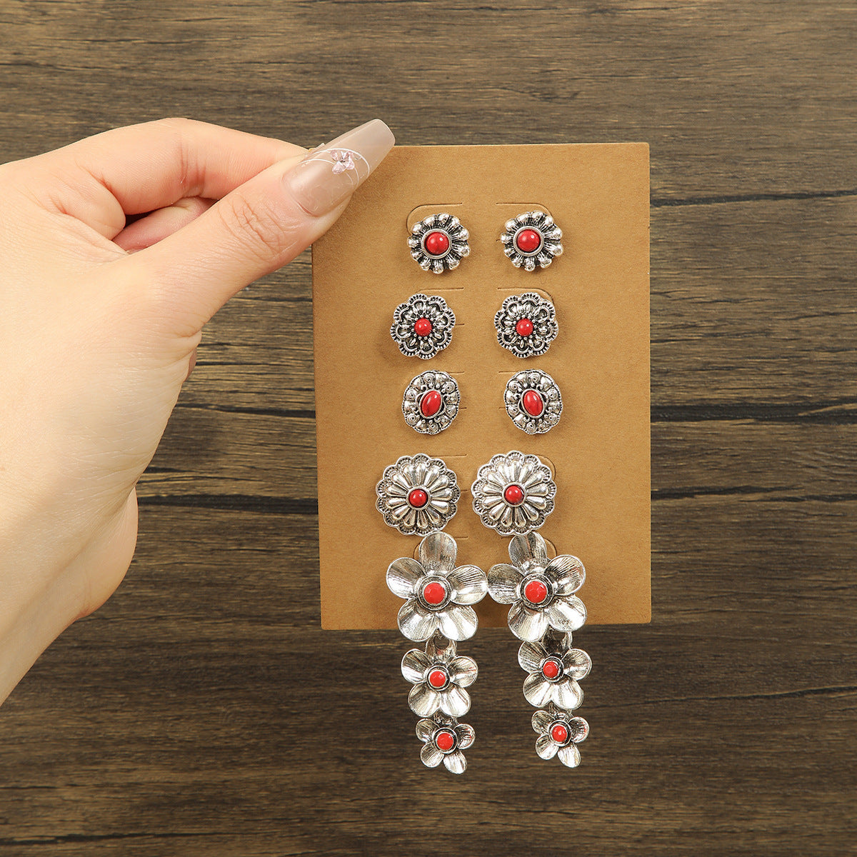 Wholesale 5 pairs of vintage rice ethnic tourist attractions photo red turquoise flower tassel suit earrings