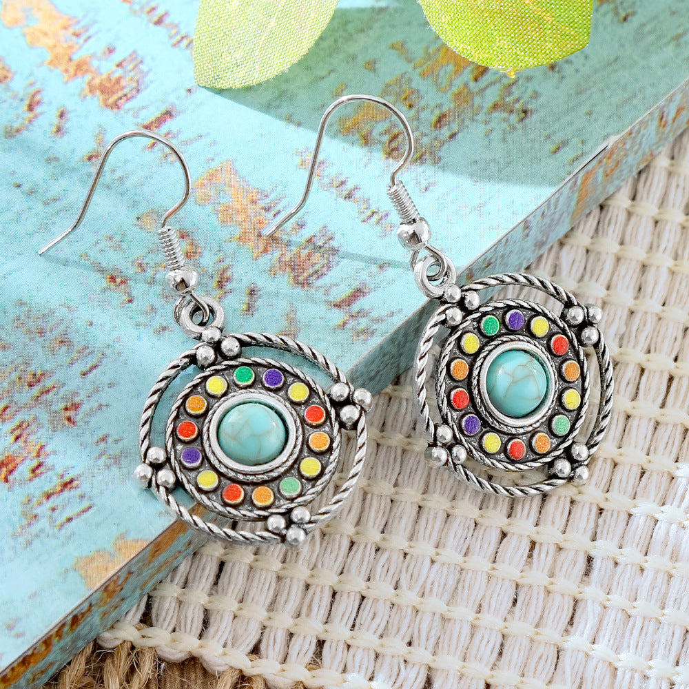 Wholesale Alloy Retro Ethnic Turquoise Bohemian Geometric Oil Drip Earrings Jewelry Accessory