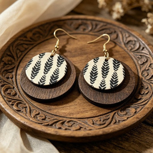 Wholesale Retro Wooden Earrings With Geometric Bohemian Print French Vintage Style Fashion Jewelry Accessory For Gift And Resale