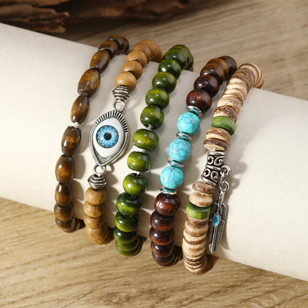 Wholesale 3PCS Vintage-style multi-layered wooden beaded evil eye bracelet