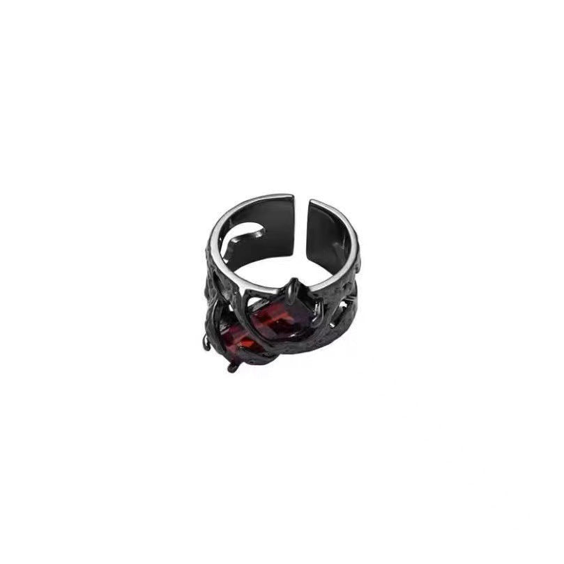 Wholesale Retro Red Geometric Gemstone Design Ring for Men and Women Niche Personality Punk Dark Hollow Texture Metal Ring