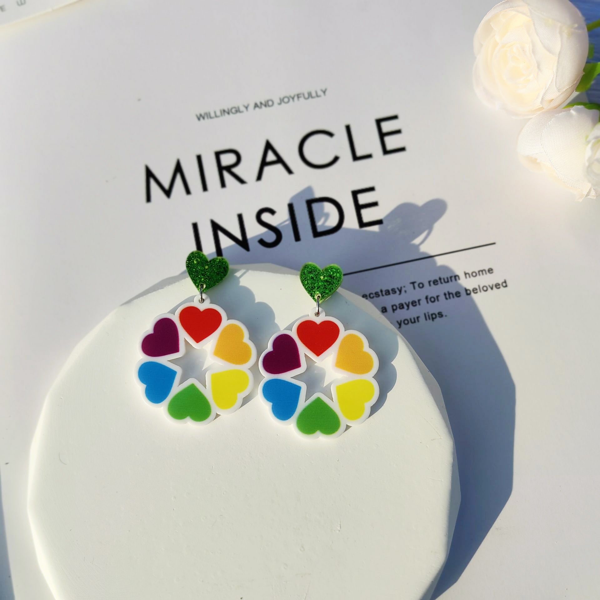 Wholesale Rainbow Earrings Silver Needle Love Earrings Heart Earrings Acrylic Earrings ACC-ES-Mindin006