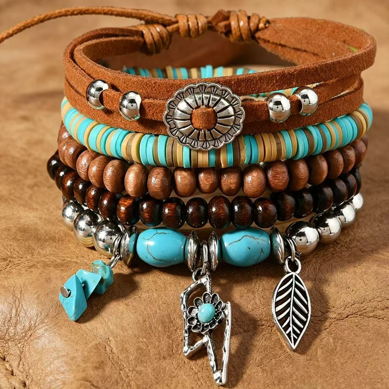 Wholesale 5-Piece Hand Knitted Wooden Bead Bracelets,  Turquoise &  Clay,  Unisex Everyday Wear