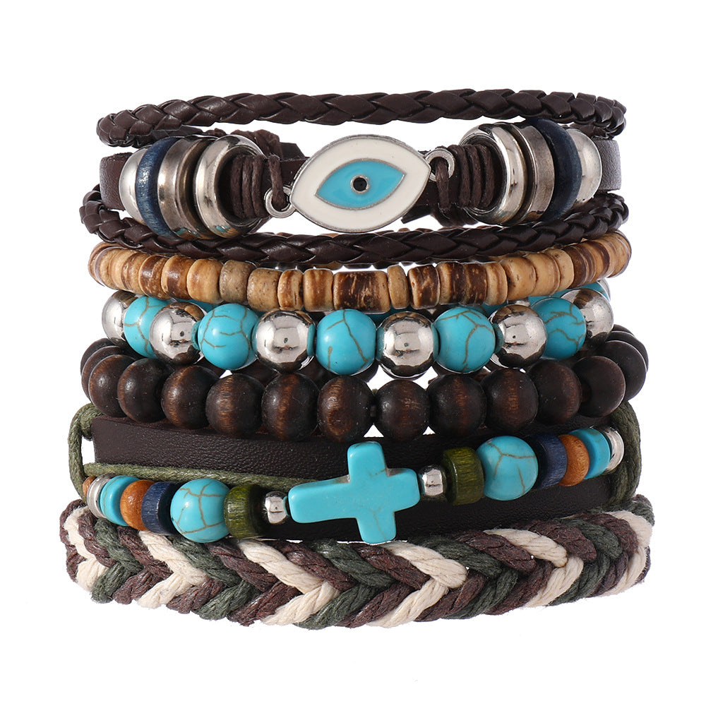 Wholesale Evil Eye Cross Bohemian Beaded Stretch Bracelet Turquoise nut Shell Wood Beads Handmade Unisex Fashion Accessory