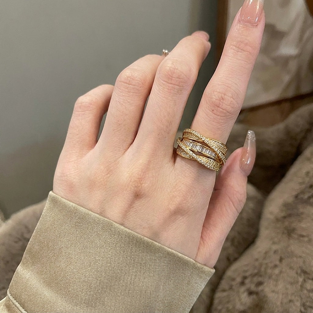 Wholesale Trendy Interlocking Star Orbit Full Pave CZ Ring,  Copper Electroplated Women' s Everyday Wear