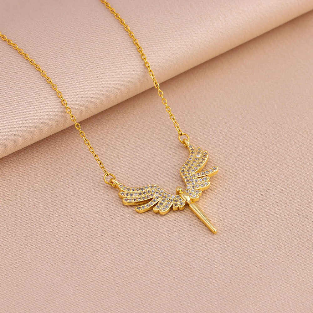 Wholesale  18K Gold Plating Micro-inlaid Zirconium  Angel Wings Pendant Titanium Steel Necklace