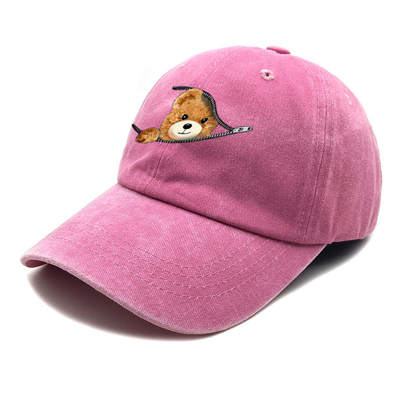 Wholesale Zipper Bear Print Cotton Vintage Washed Baseball Cap Hat