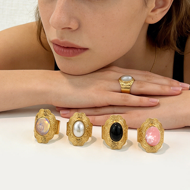 Wholesale Stainless Steel 18K Gold Plated Vintage Oval Gemstone Ring with Imitation Pearl and Turquoise - Fashion Jewelry Accessory for Resale