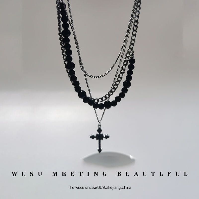 Wholesale Titanium Steel Stacked Gothic Cross Multi-Layer Necklace