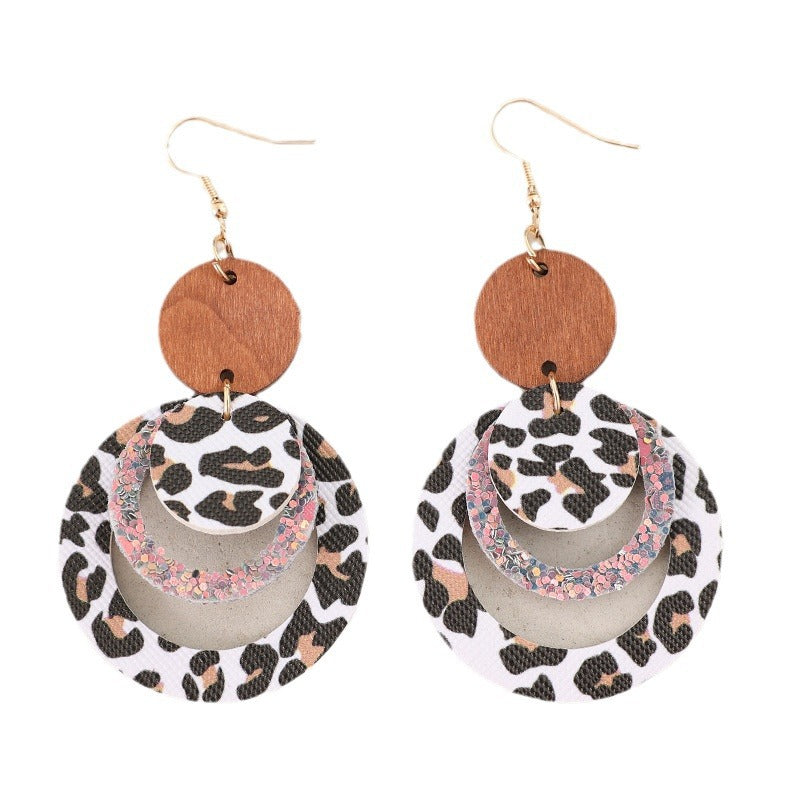 Wholesale Retro Style Multi-Layer Pattern Ring Splicing Small Disc Leather Personalized Earrings