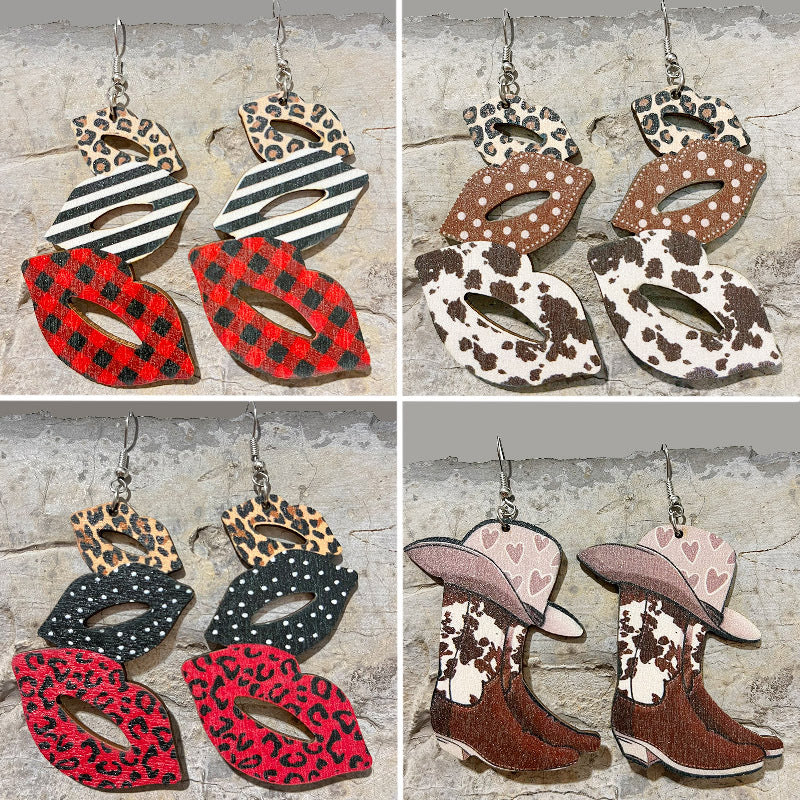 Wholesale 2 Pairs/pack Valentine's Day Lip Color Matching Boots Leopard Print Wood Earrings ACC-ES-HY186