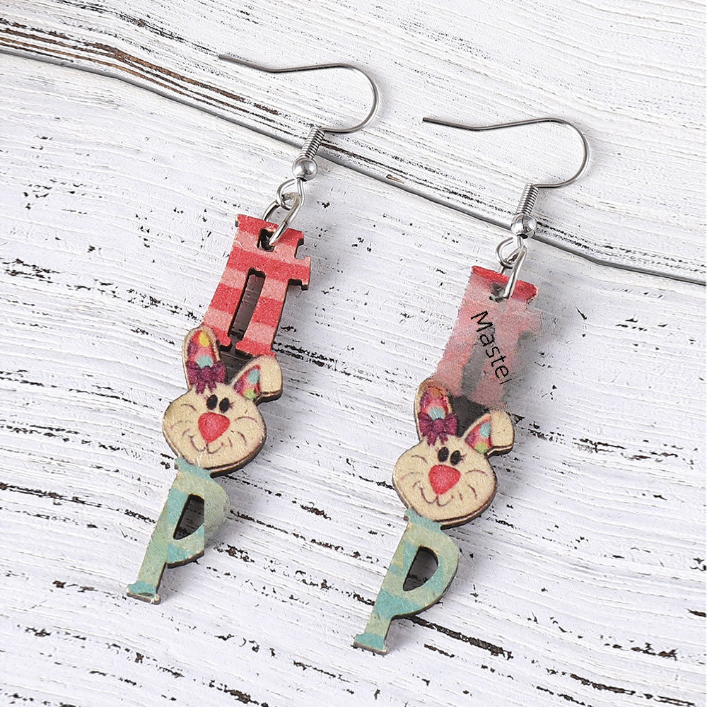 Wholesale Easter Cartoon Cute Rabbit Letter Double-sided Wooden Earrings