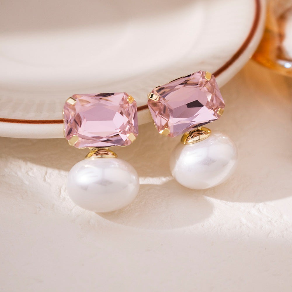 Wholesale Silver Needle  Zircon Large Pearl Earrings Retro Light Luxury Colorful  Earrings