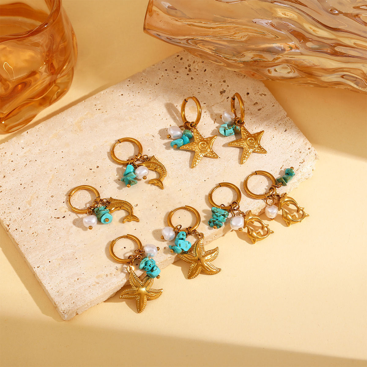 Wholesale Stainless Steel Vintage Gold-Tone Ocean Series Double Dolphin Earrings Women Fashion Jewelry Accessory