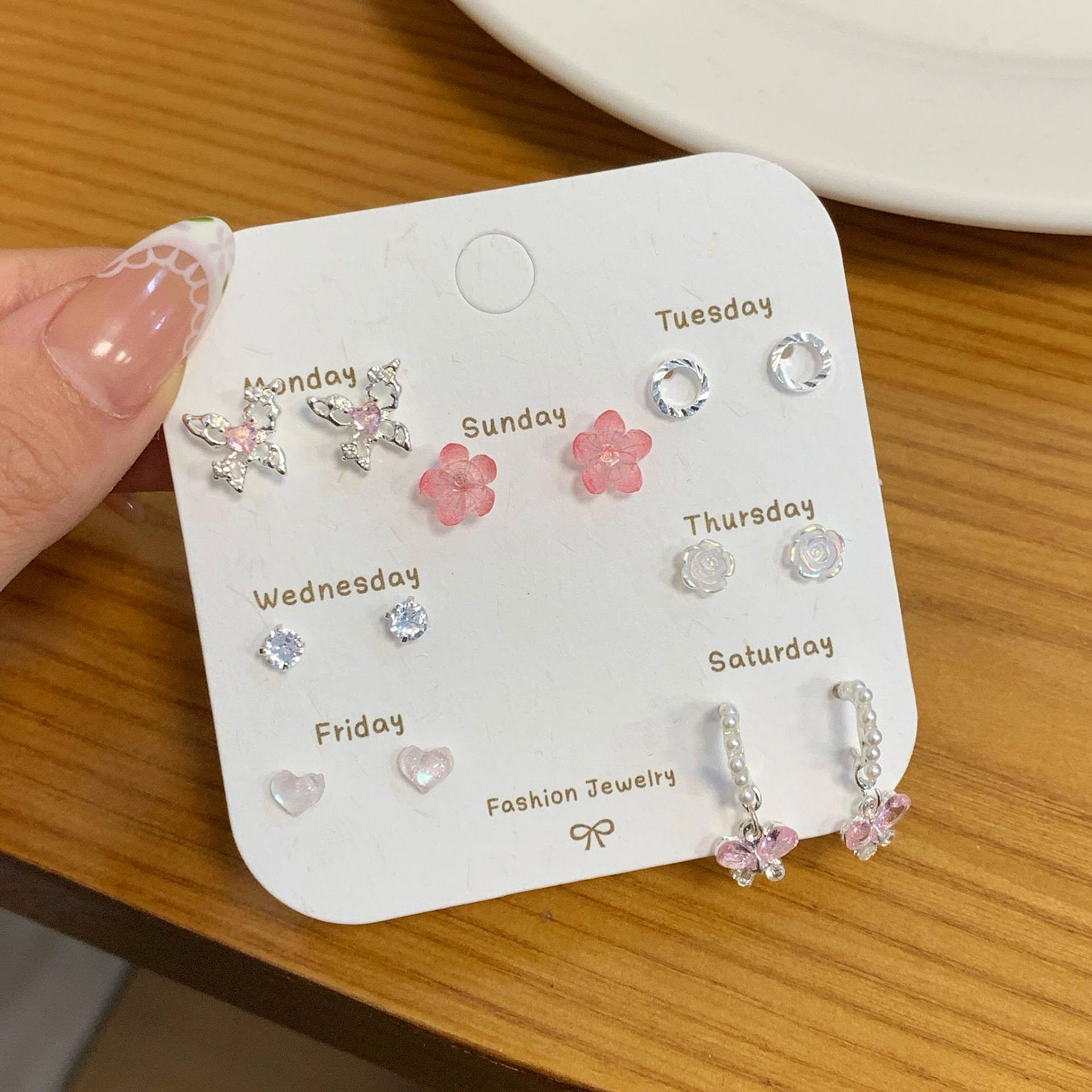 Wholesale Autumn Colorful Butterfly Flower Pearl Earring Set Silver Needle Small Sweet Earrings