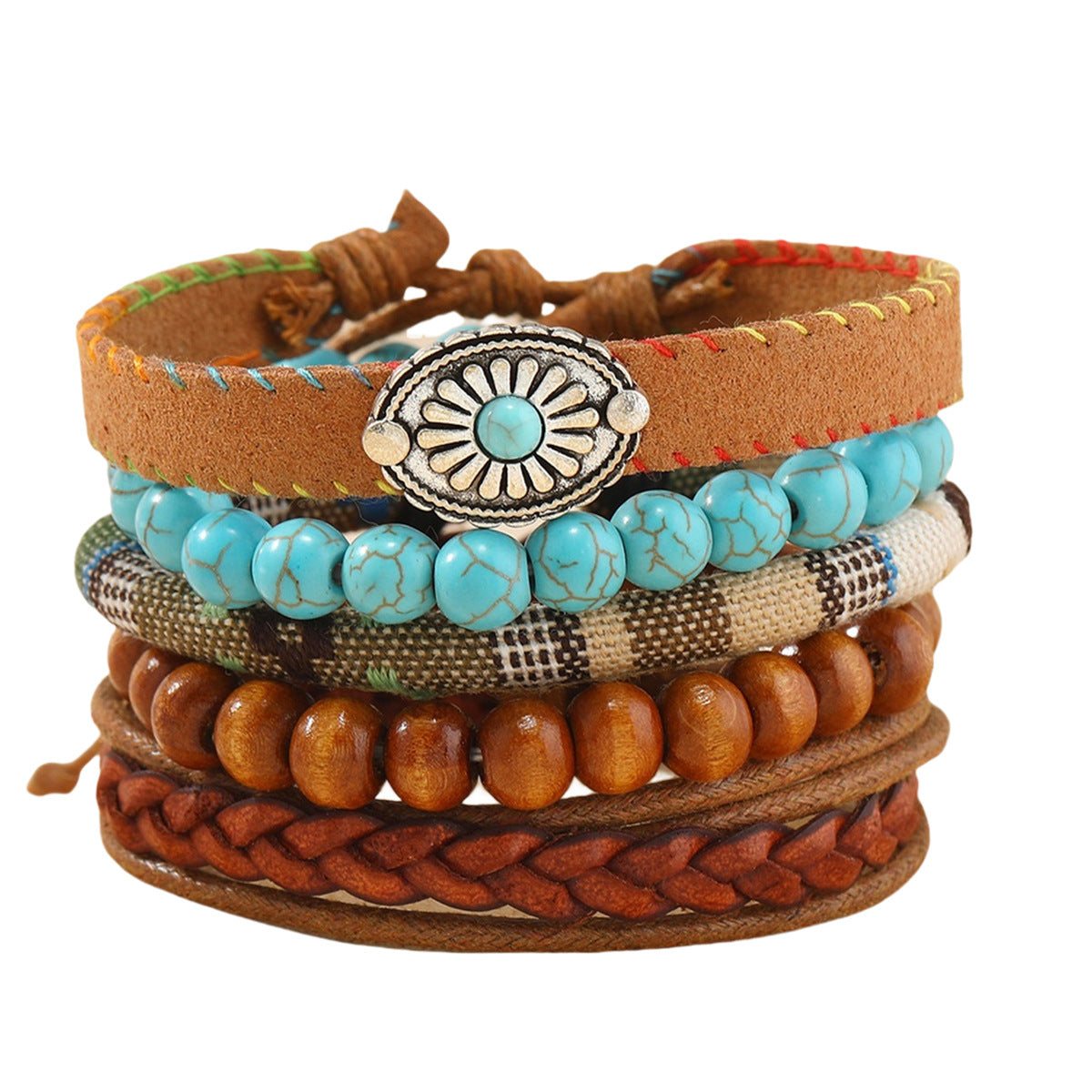 Wholesale Bohemian Flower Style Turquoise Beaded Wooden Beads Five-piece Bracelet