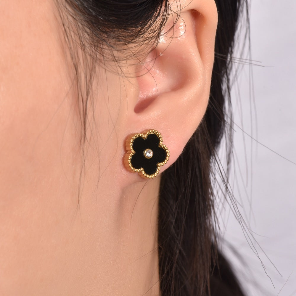 Wholesale Five-leaf Flower Diamond Shell Titanium Steel Earrings ACC-ES-QianHui003