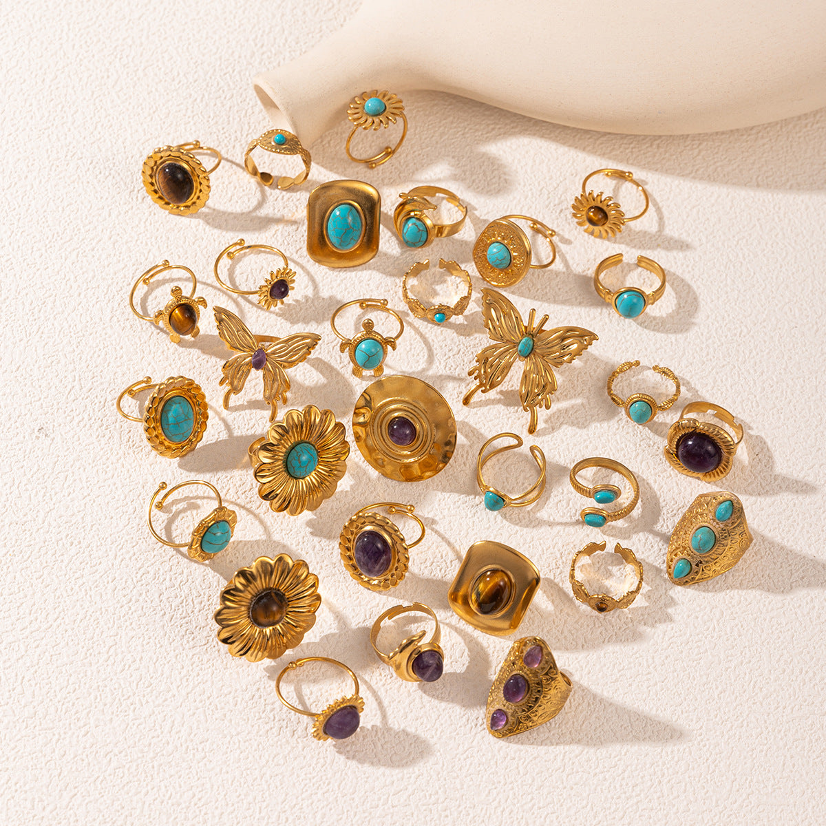 Wholesale Stainless Steel 18K Gold Open Turquoise Ring