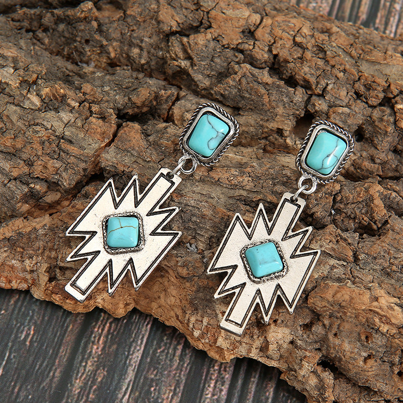 Wholesale retro ethnic style inlaid Diamond turquoise earrings