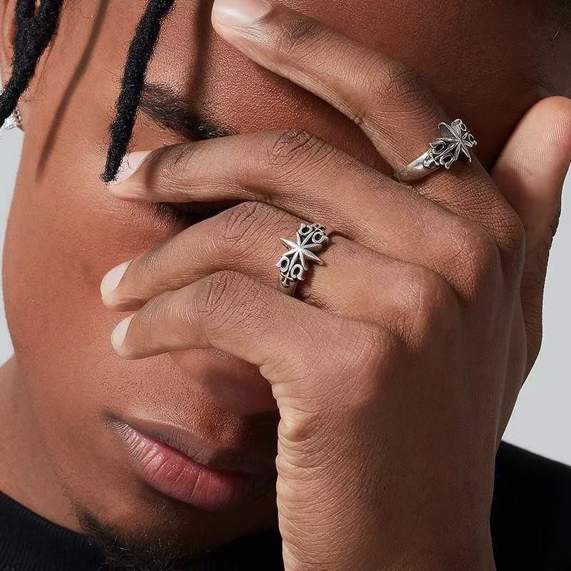 Wholesale Retro Hip Hop Six Pointed Star Ring Silver Tone Zinc Alloy Fashion Jewelry Accessory Gift