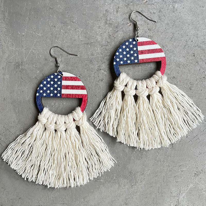 Wholesale 2 Pairs/pack American Independence Day Wooden Flag Hat Hand Woven Tassel Earrings ACC-ES-HY056