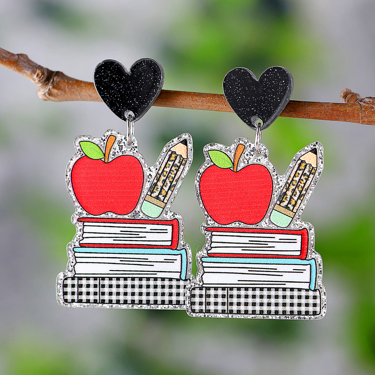 Wholesale Sequin Apple Book Ruler Rainbow Pendant Acrylic Earrings