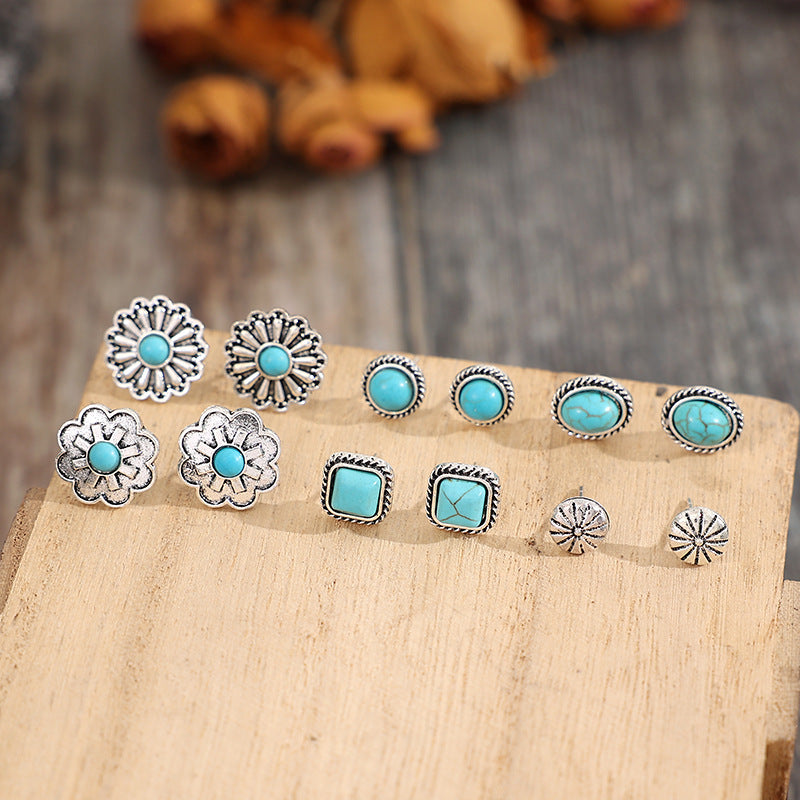 Wholesale Western wind geometric multi-piece set of turquoise earrings