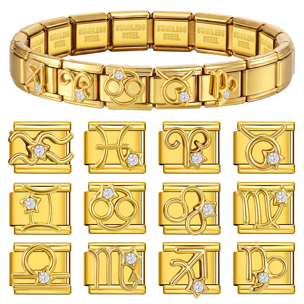 Wholesale Gold Tone 3D 12 Zodiac Stainless Steel Modular Stretch Bracelet DIY Jewelry Accessory For Boutique Resale