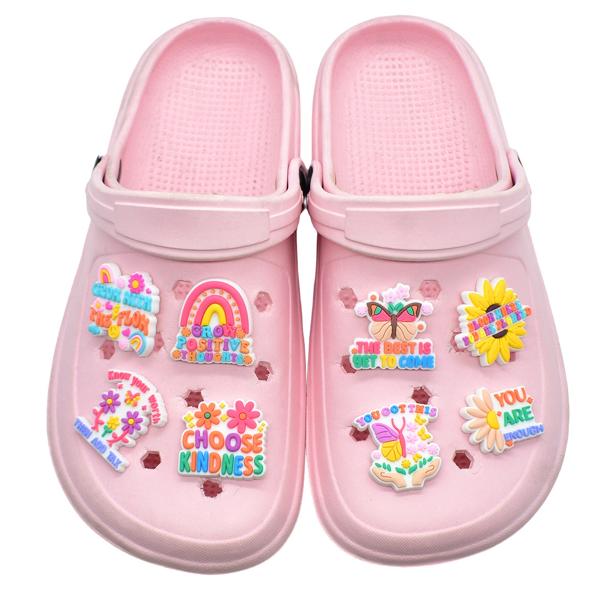 Decorazione casuale all'ingrosso della fibbia della scarpa di gomma morbida del PVC degli zoccoli della serie di frasi inglesi da 100 pezzi