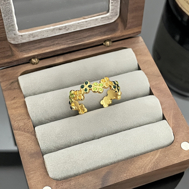Wholesale Retro  Flower Leaf Dropping Glaze Fashion Opening Ring