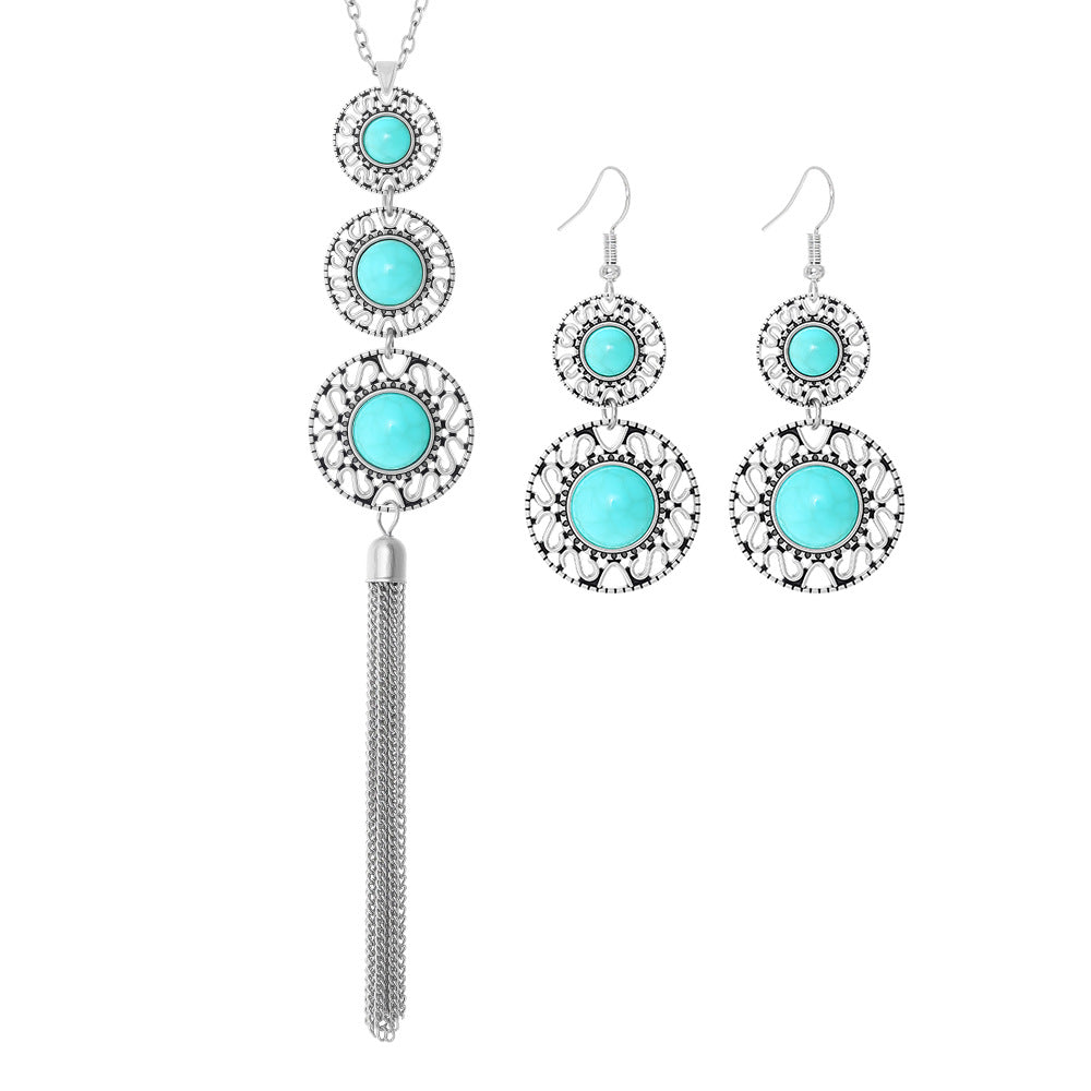 Wholesale Turquoise Ethnic Geometric Long Necklace &  Earrings Set - Boutique Jewelry Accessory