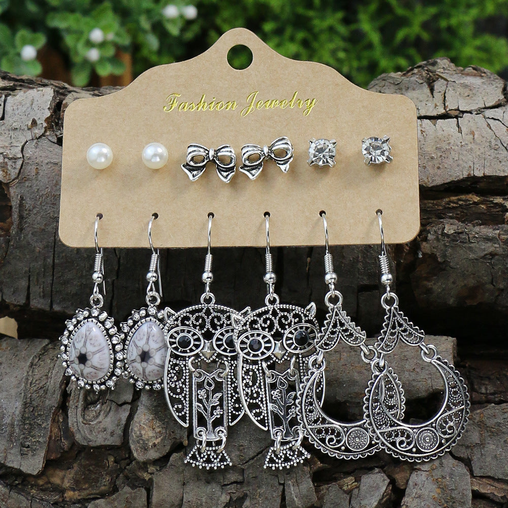 Wholesale Retro Owl Earrings Set 6 Pieces Alloy Electroplated Boutique Resale