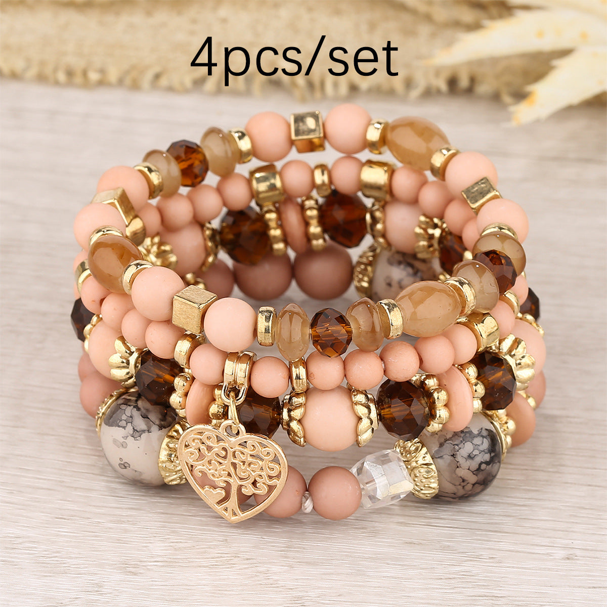 Wholesale Coffee Glass Bead Bohemian Bracelet Set Heart Pendant Tassel Jewelry