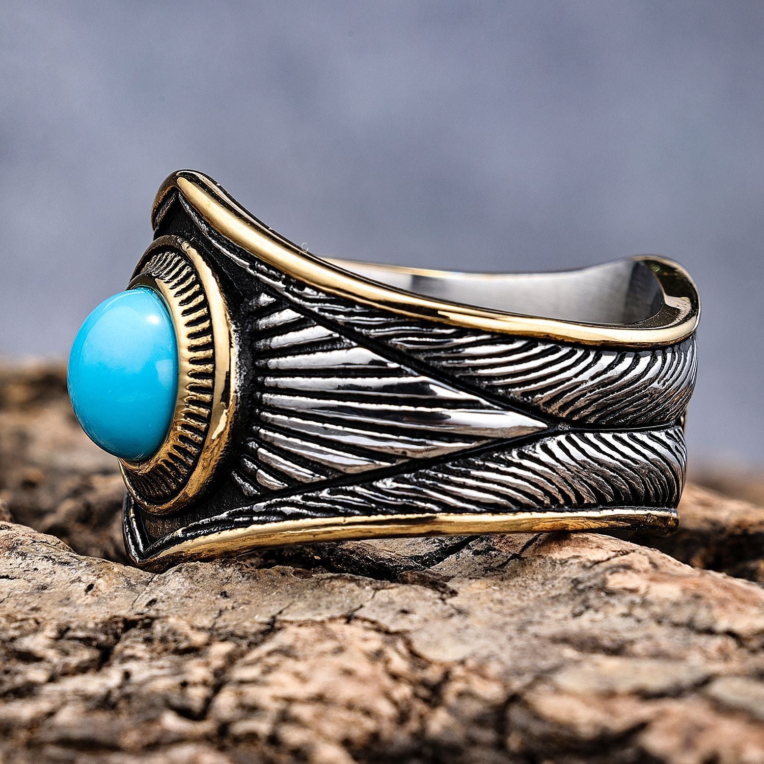 Wholesale Vintage Blue Turquoise Eight-pointed Star Stainless Steel Ring ACC-RS-Moer006