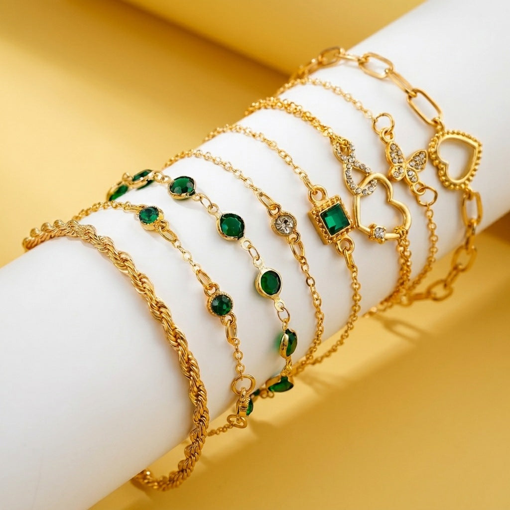 Wholesale 8 Piece Emerald Butterfly Heart Bracelet Set Fashion Jewelry Accessory For Everyday Wear And Gift Giving