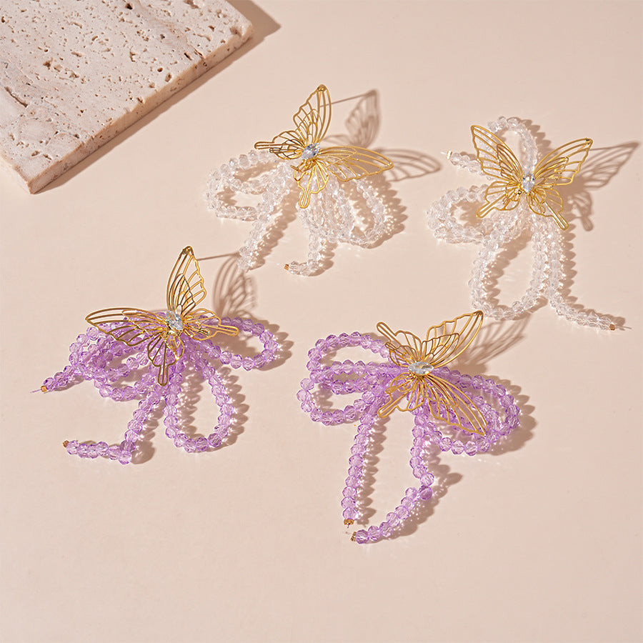 Wholesale Zirconia Crystal Butterfly Tassel Silver Needle Earrings