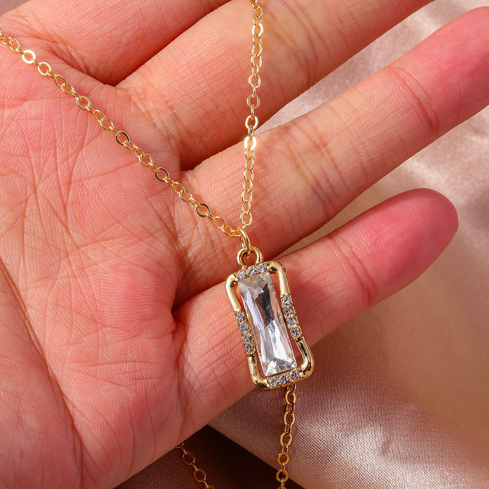 Wholesale  rhinestone square pendant clavicle chain  gemstone necklace