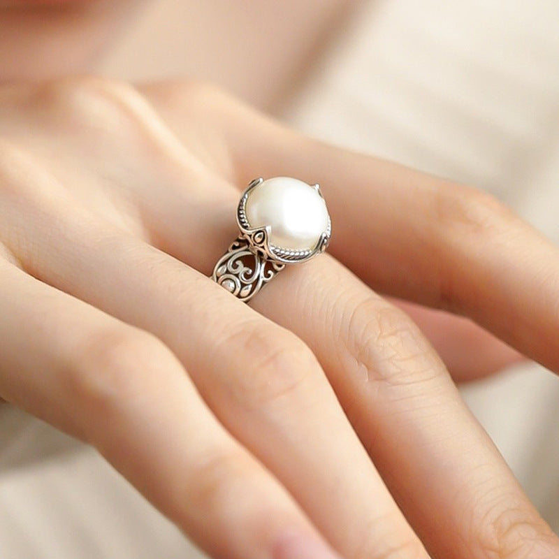 Wholesale S925 Sterling Silver Pearl Hollow Adjustable Ring